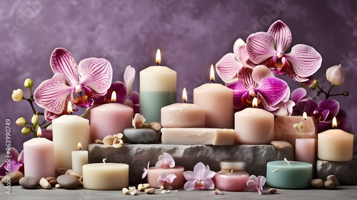 a lovely arrangement of soap bars, candles, and orchid blossoms for a huge banner mockup display promoting cosmetics and natural spa items.