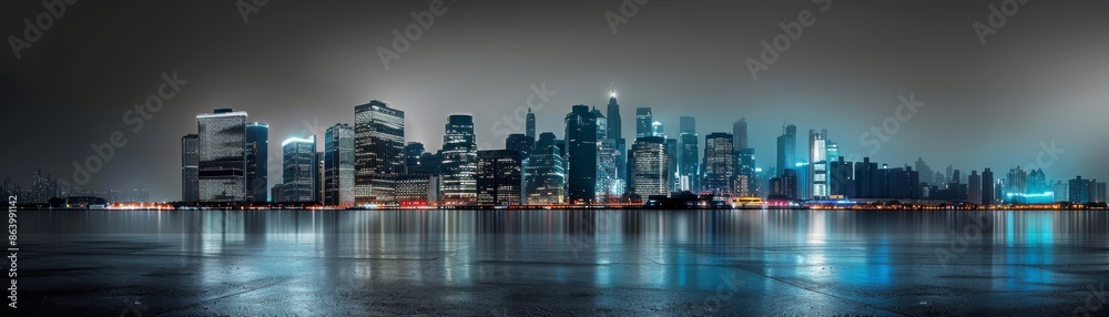 Fototapeta premium Night cityscape with tall buildings reflected in the water.