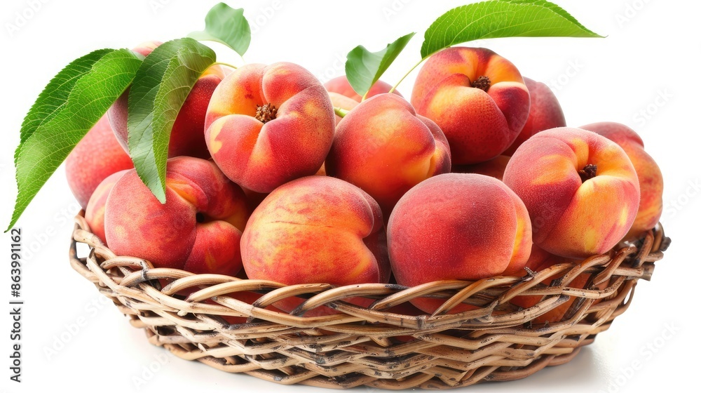 Macro close up of multiple fresh peaches in a basket on white background Macro close up of multiple fresh peaches in a basket on white background