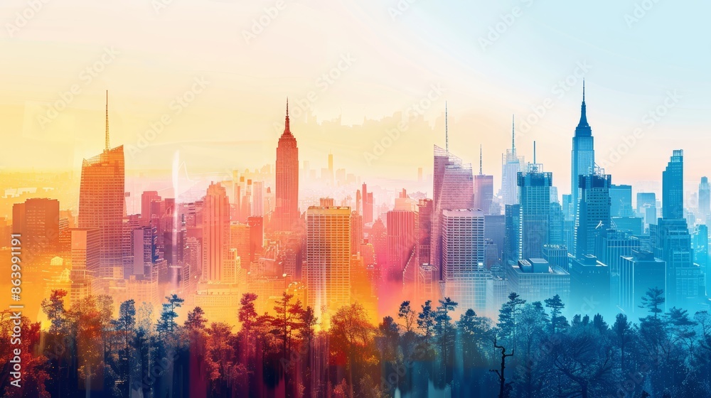 Obraz premium A vibrant cityscape silhouette with a sunrise or sunset backdrop, featuring a mix of tall buildings and a hazy, colorful atmosphere.