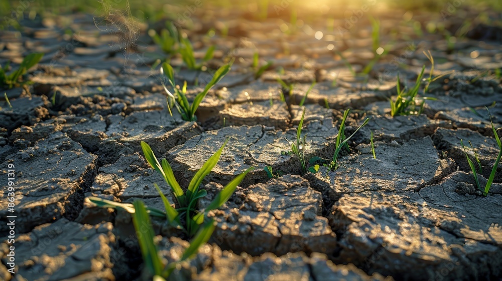 Closeup of green grass growing through cracked dry soil. Sun shines from above. Closeup of green grass growing through cracked dry soil. Sun shines from above.