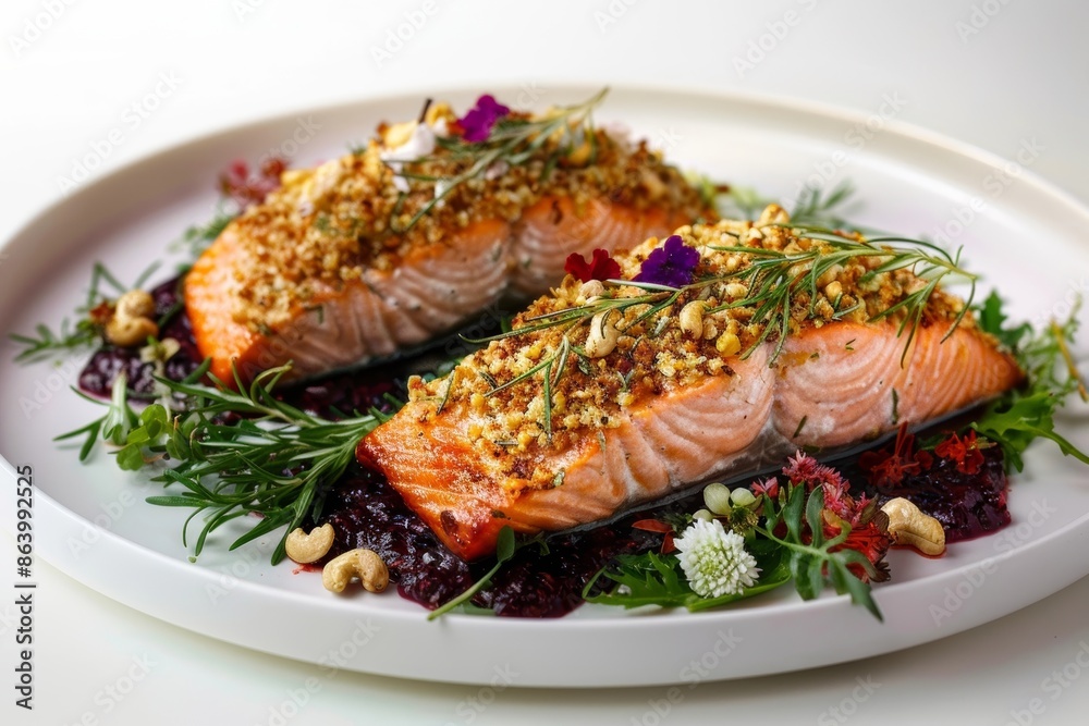 Captivating Cashew and Rosemary Crusted Salmon on Bed of Greens Captivating Cashew and Rosemary Crusted Salmon on Bed of Greens