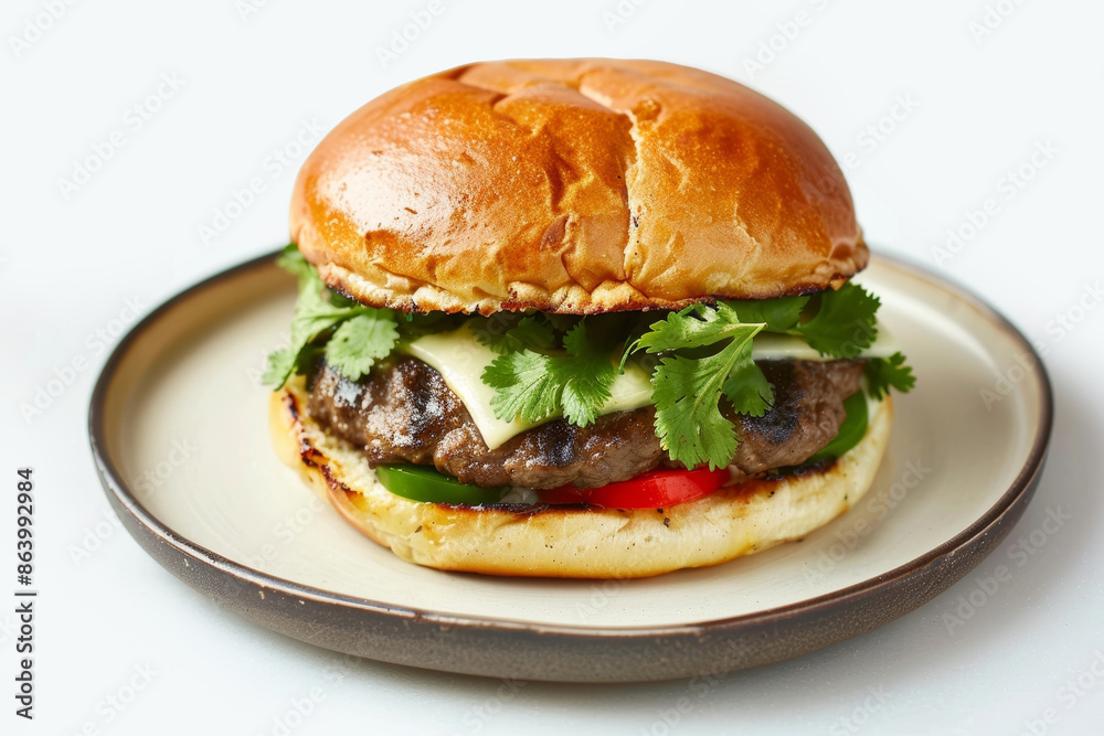 Artfully Plated El Camino Amarillo Burger with Vibrant Ingredients Artfully Plated El Camino Amarillo Burger with Vibrant Ingredients