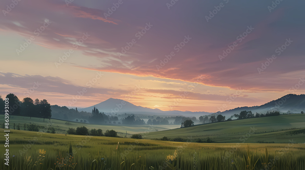 Obraz premium background that looks like a serene countryside painted in pastels, with soft, muted tones and gentle, flowing lines