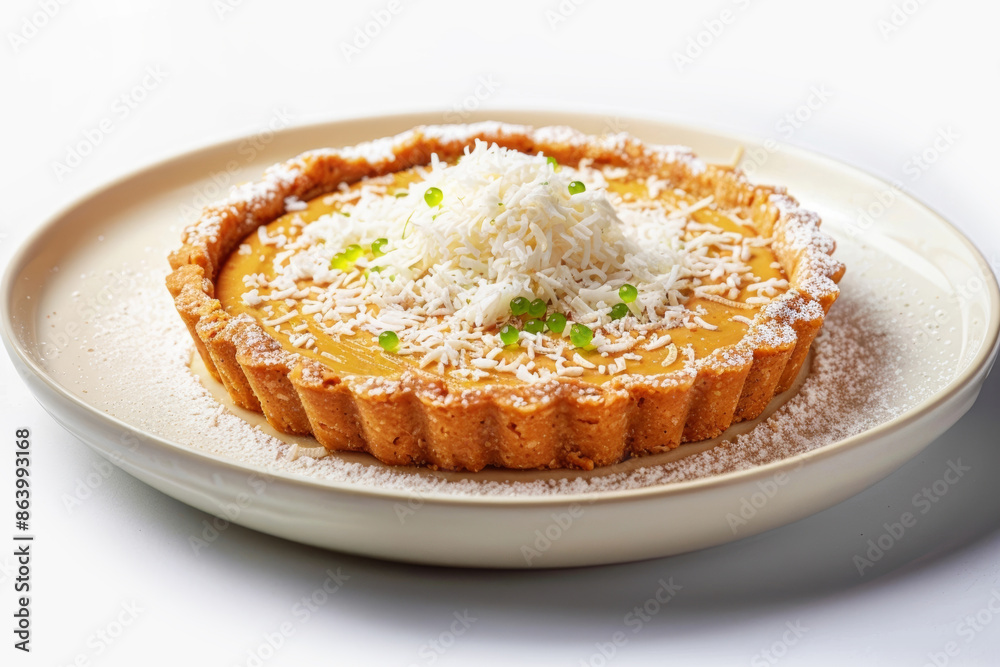 Cassava and Peanut Butter Tart with Coconut Shavings and Lime Caviar Cassava and Peanut Butter Tart with Coconut Shavings and Lime Caviar