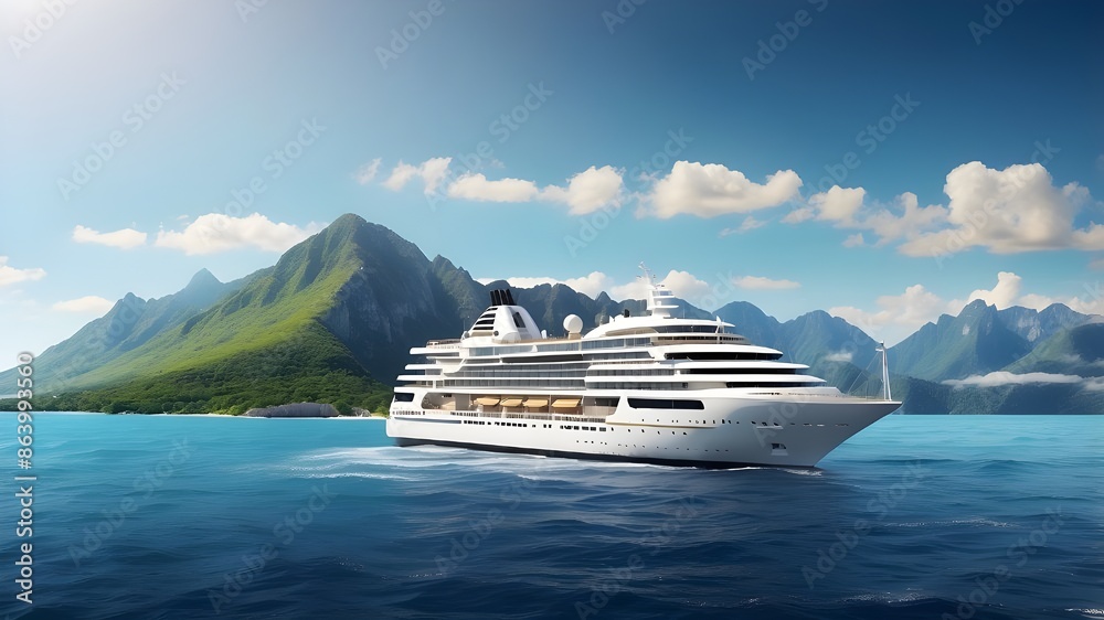 Elegant cruise ship or yacht floating in the midst of the ocean next to an island and mountains setting in the distance as a broad banner with text area for copyspace Elegant cruise ship or yacht floating in the midst of the ocean next to an island and mountains setting in the distance as a broad banner with text area for copyspace