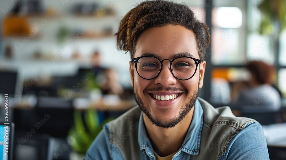 A man with glasses is smiling and looking at the camera. He is wearing a blue shirt and a green vest A man with glasses is smiling and looking at the camera. He is wearing a blue shirt and a green vest