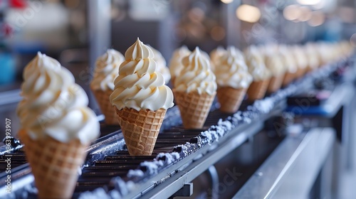 A close shot of a row of cone ice cream in conveyor belt in industrial backdrop a concept of digitalization in factory with space, Generative AI.