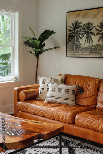 Cozy living room with a comfy couch, a colorful rug, and  houseplants adding a touch of nature