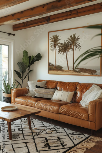 Cozy living room with a comfy couch, a colorful rug, and  houseplants adding a touch of nature