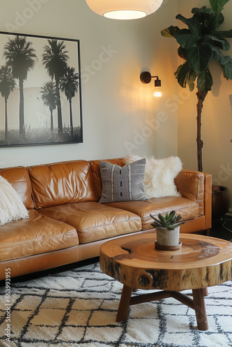 Cozy living room with a comfy couch, a colorful rug, and  houseplants adding a touch of nature