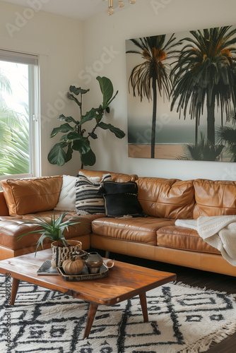 Cozy living room with a comfy couch, a colorful rug, and  houseplants adding a touch of nature