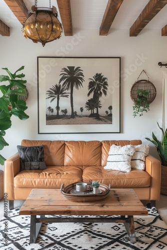 Cozy living room with a comfy couch, a colorful rug, and  houseplants adding a touch of nature