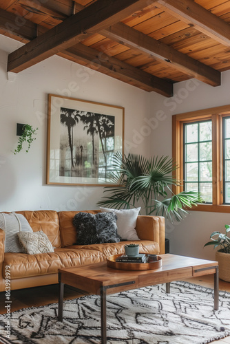 Cozy living room with a comfy couch, a colorful rug, and  houseplants adding a touch of nature