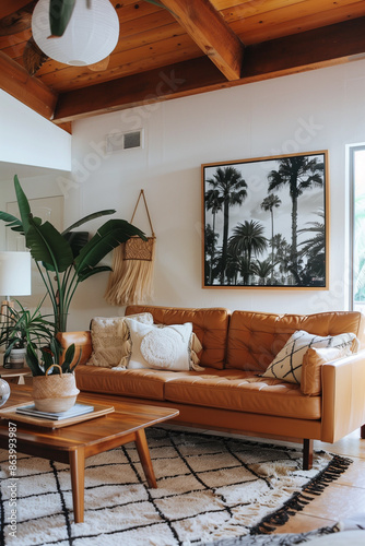 Cozy living room with a comfy couch, a colorful rug, and  houseplants adding a touch of nature