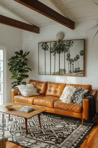 Cozy living room with a comfy couch, a colorful rug, and  houseplants adding a touch of nature