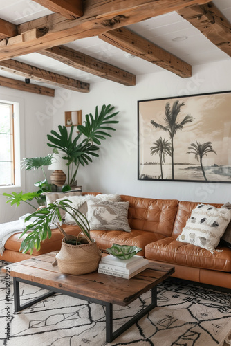 Cozy living room with a comfy couch, a colorful rug, and  houseplants adding a touch of nature