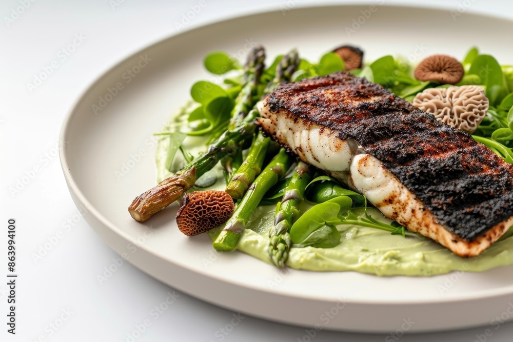 Blackened Grouper with Grilled Asparagus and Morels Plating Blackened Grouper with Grilled Asparagus and Morels Plating
