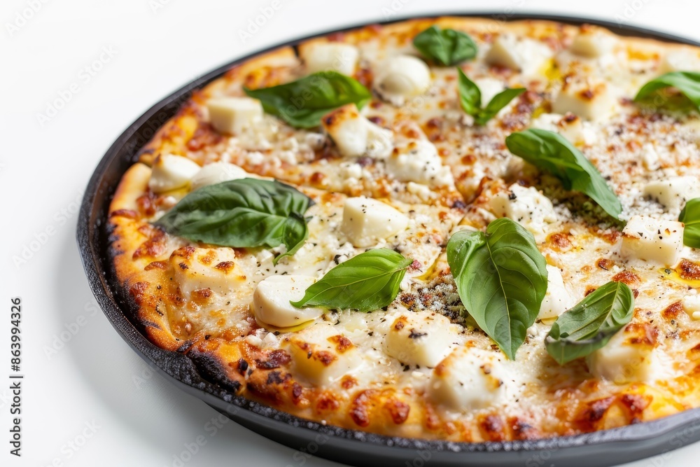 Decadent Cast Iron Pizza Bianca with Fresh Basil and Truffle Oil Drizzle Decadent Cast Iron Pizza Bianca with Fresh Basil and Truffle Oil Drizzle