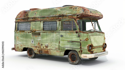 Side view of rusty vintage camper van over white background