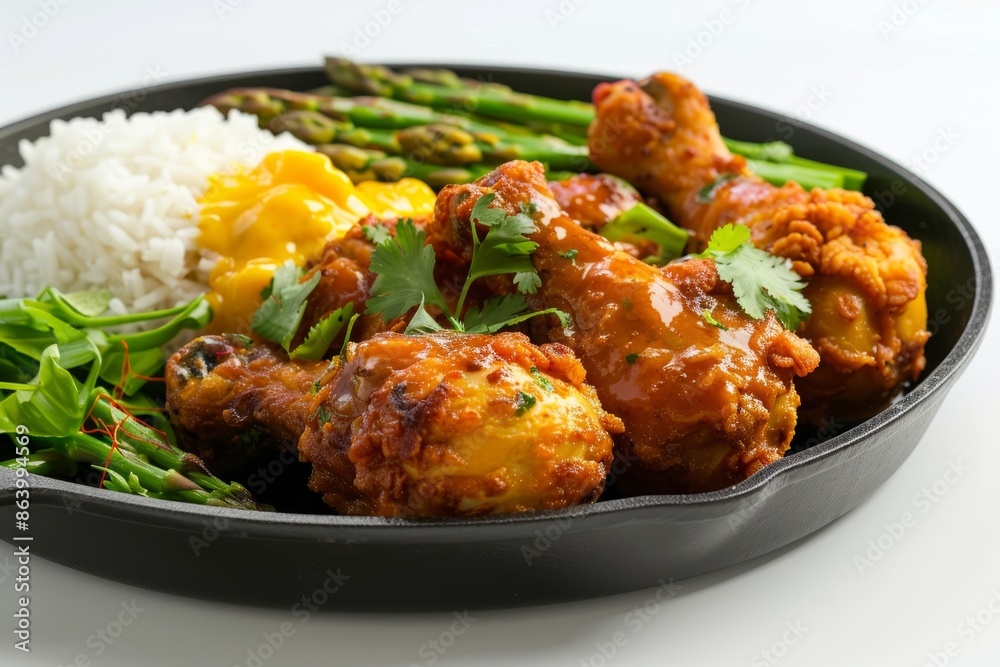 Cast Iron Skillet Curry Fried Chicken with Mango-Yogurt and Asparagus Cast Iron Skillet Curry Fried Chicken with Mango-Yogurt and Asparagus