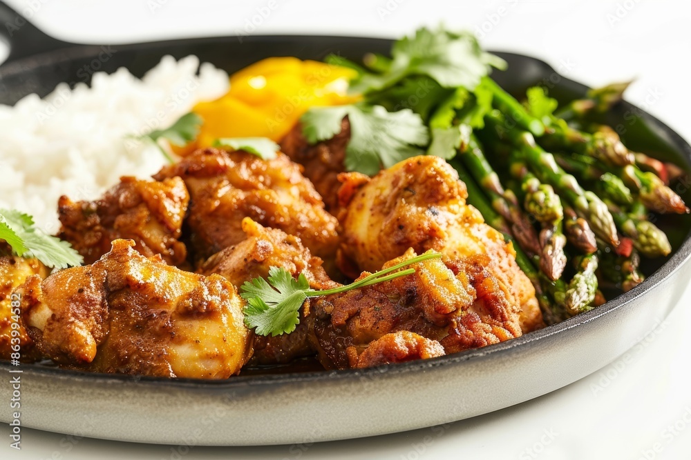 Curry Fried Chicken with Mango-Yogurt and Red Chile Asparagus Plate Curry Fried Chicken with Mango-Yogurt and Red Chile Asparagus Plate