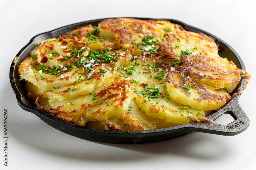 Crispy Edged Potato Cake with Fresh Herbs in Cast Iron Skillet Crispy Edged Potato Cake with Fresh Herbs in Cast Iron Skillet