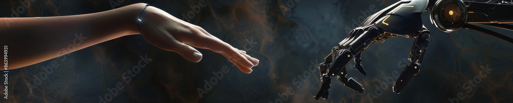 Fototapeta premium Human Hand Reaching Towards A Robotic Hand - A human hand reaches out towards a robotic hand, symbolizing the connection between humanity and technology.