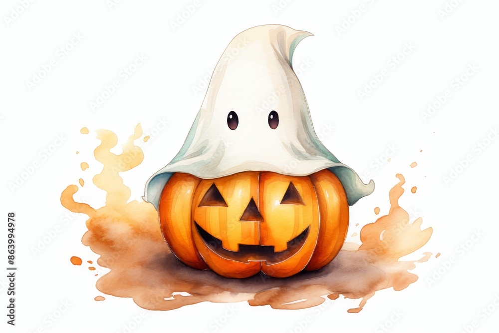 Naklejka premium Spooky Jack-O-Lantern with Ghostly Hat - A jack-o-lantern with a carved face wears a white ghost costume with big eyes. Watercolor splashes of orange and brown are on the background.