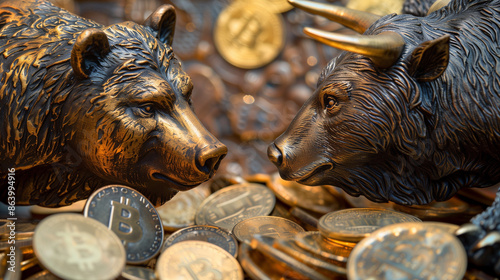Bull and bear facing each other, standing on a granite pedestal overflowing with coins photo