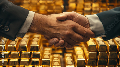 Two men in suits shaking hands in front of a vault filled with gold bars