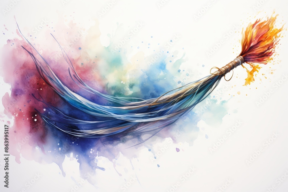 Obraz premium Artistic Watercolor Brushstroke with Vibrant Colors - A large paintbrush with a long, thin handle is depicted as it sweeps across a white canvas, creating a colorful watercolor effect.