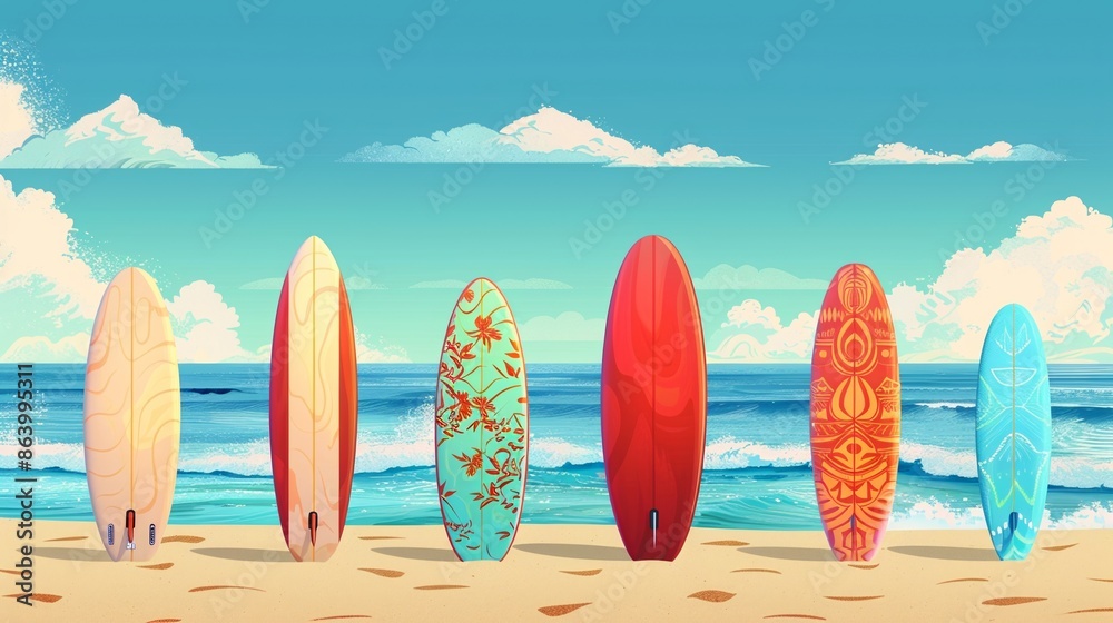 Flat vector illustration of surfing board on tropical sandy beach
