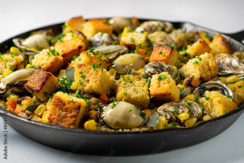 Savory Oyster and Cornbread Stuffing in Cast-Iron Skillet Savory Oyster and Cornbread Stuffing in Cast-Iron Skillet