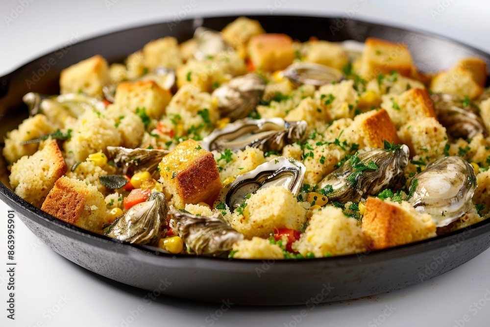 Tempting Oyster and Cornbread Stuffing in Cast-Iron Skillet Tempting Oyster and Cornbread Stuffing in Cast-Iron Skillet