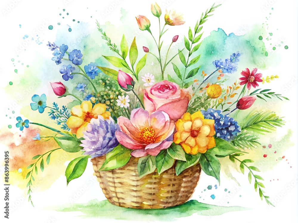 Obraz premium Whimsical Watercolor Flower Basket Illustration - Perfect for Artistic and Decorative Use