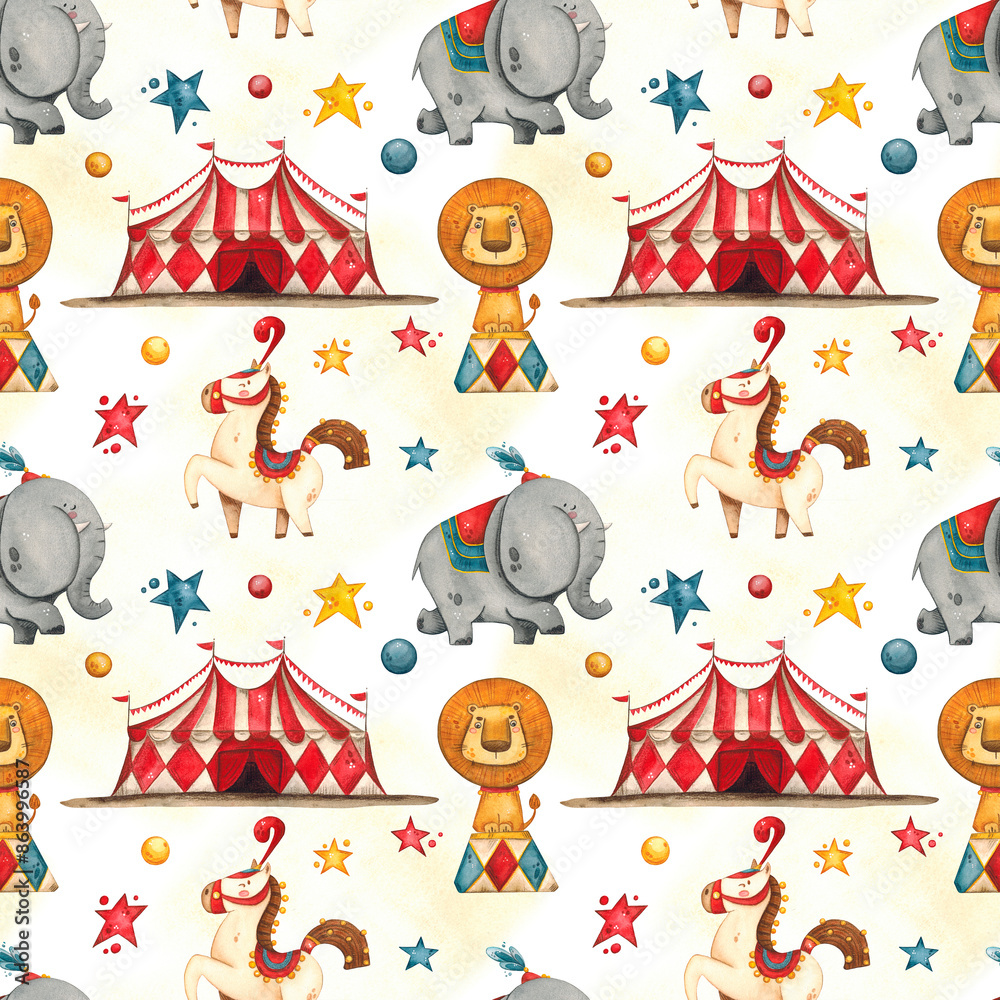 Circus seamless pattern. Bright, cheerful, childish. With a tent, circus animals, lion, elephant, horse, with balls, stars. The illustration is applicable for the design of children's parties, paper, Circus seamless pattern. Bright, cheerful, childish. With a tent, circus animals, lion, elephant, horse, with balls, stars. The illustration is applicable for the design of children's parties, paper,