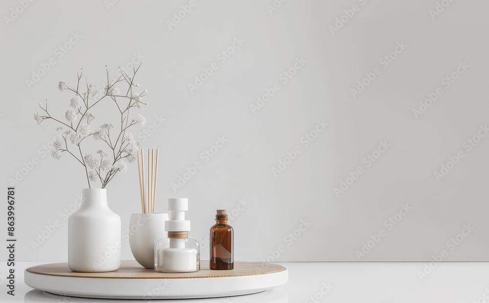 Minimalist Home Decor with White Flowers and Wooden Tray - A simple and elegant arrangement featuring white flowers in a vase, a diffuser, and a small bottle, all on a wooden tray. Minimalist Home Decor with White Flowers and Wooden Tray - A simple and elegant arrangement featuring white flowers in a vase, a diffuser, and a small bottle, all on a wooden tray.