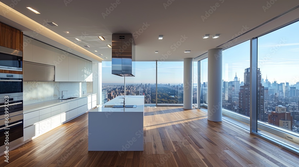 A modern, bright open kitchen featuring a central island and high-end appliances, with large windows offering a stunning view of the city skyline and park. A modern, bright open kitchen featuring a central island and high-end appliances, with large windows offering a stunning view of the city skyline and park.