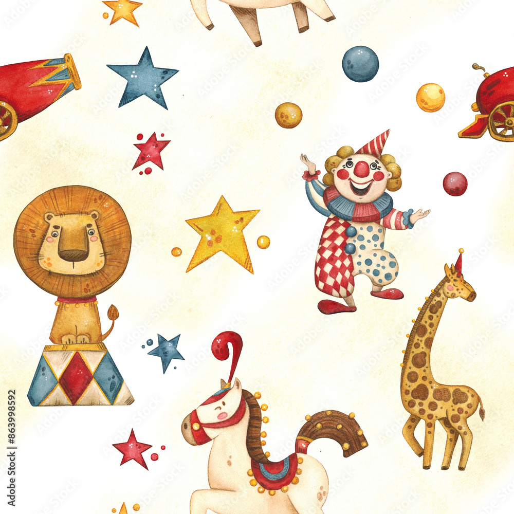 Naklejka premium Circus seamless pattern with a clown, shirk animals, a lion, a giraffe, a horse, with balls, stars and a circus cannon. The illustration is applicable for the design of children's parties, paper