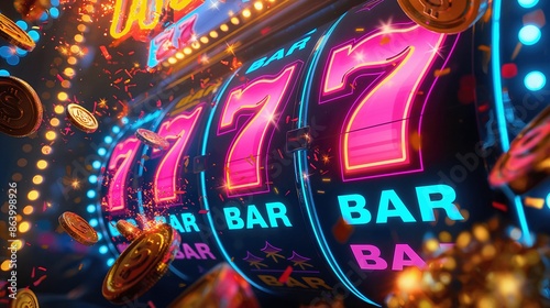 Close-up of slot machine reels with neon sevens and bars, surrounded by flying gold coins and confetti in a festive casino setting