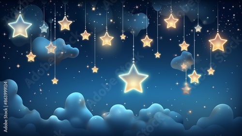 Decorative shining stars against dark sky and clouds, holiday background