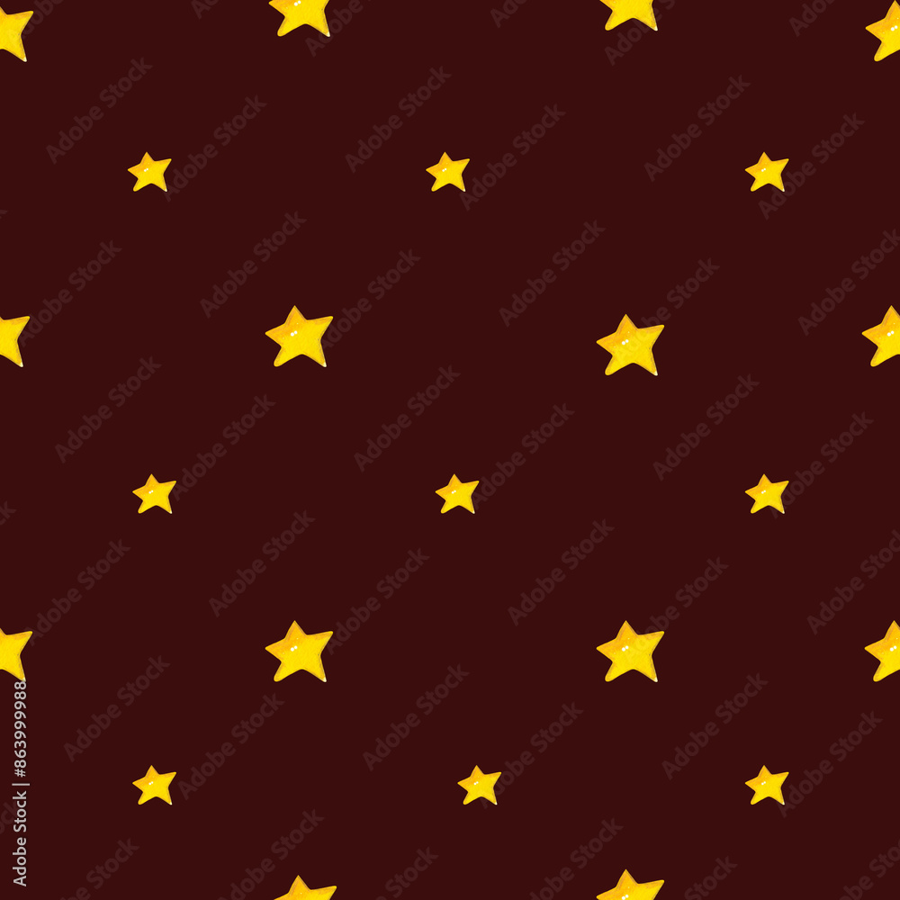 Seamless pattern of yellow stars on a dark red background. Watercolor illustration, hand drawn in childish style. birthday, new year, christmas, stars, yellow, red Seamless pattern of yellow stars on a dark red background. Watercolor illustration, hand drawn in childish style. birthday, new year, christmas, stars, yellow, red