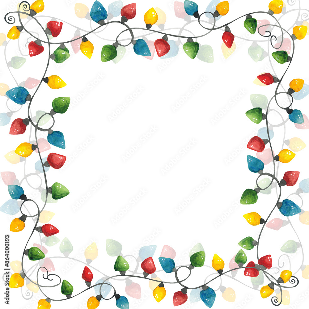 Watercolor illustration, hand drawn. The frame is square. Holiday, New Year, Christmas, garland, lights, colored, lanterns Watercolor illustration, hand drawn. The frame is square. Holiday, New Year, Christmas, garland, lights, colored, lanterns
