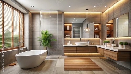 Modern bathroom interior with sleek fixtures and minimalist design, modern, bathroom, interior, sleek, fixtures, minimalist