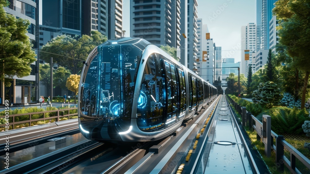 Fototapeta premium Future cityscape with electric public transport, smart energy grids, and interconnected smart networking technologies optimizing urban mobility