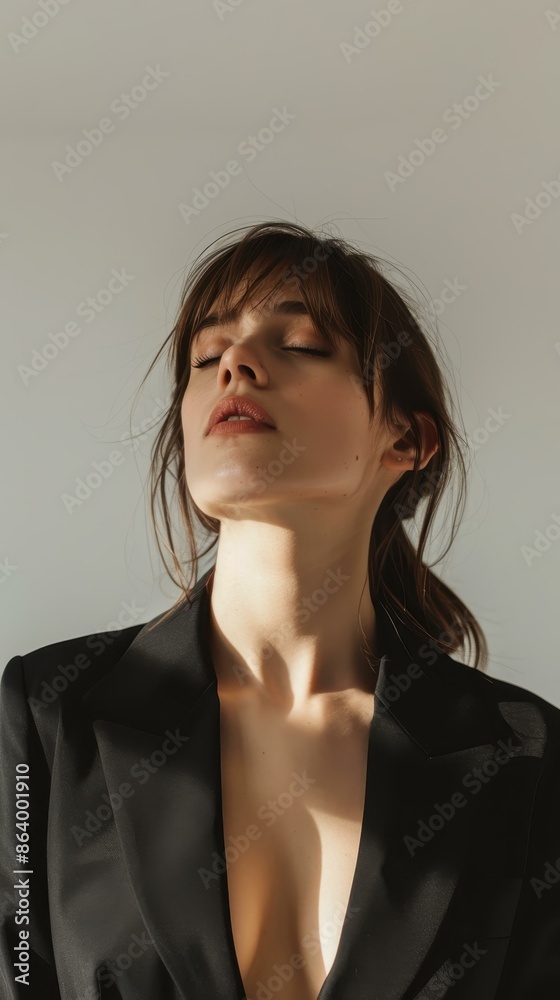 A simple, candid image of a woman in a black suit with soft edges and wavy details. A simple, candid image of a woman in a black suit with soft edges and wavy details.