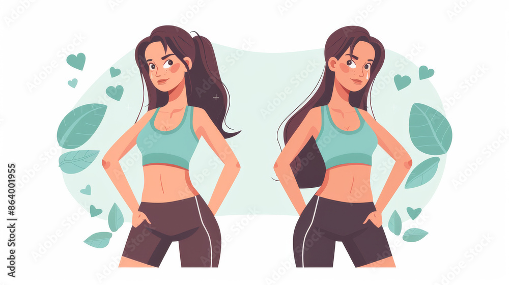 Before & after a run, a beautiful girl sweats. Illustration in flat Vector style Before & after a run, a beautiful girl sweats. Illustration in flat Vector style