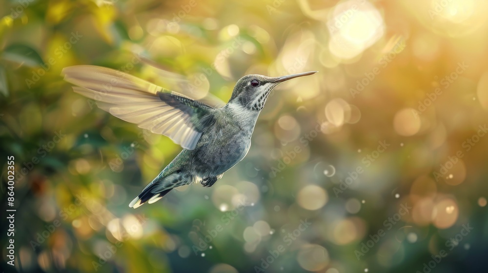 A close-up photograph of a hummingbird mid-flight against a blurred background of sunlight filtering through leaves A close-up photograph of a hummingbird mid-flight against a blurred background of sunlight filtering through leaves