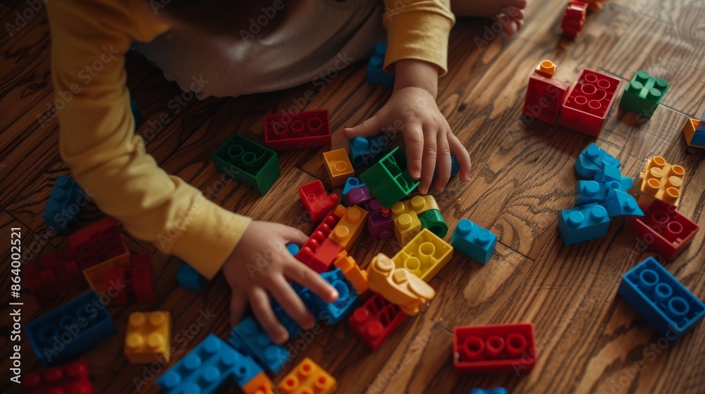 A close-up image of a childs hands interacting with a variety of colorful building blocks scattered on a wooden floor A close-up image of a childs hands interacting with a variety of colorful building blocks scattered on a wooden floor